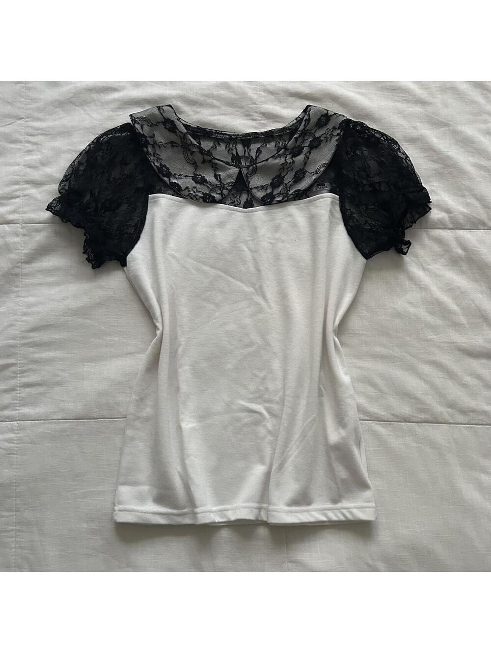 Princess Melody Ivory White Top Black Floral Lace Peter Pan Collar Puff Sleeve S